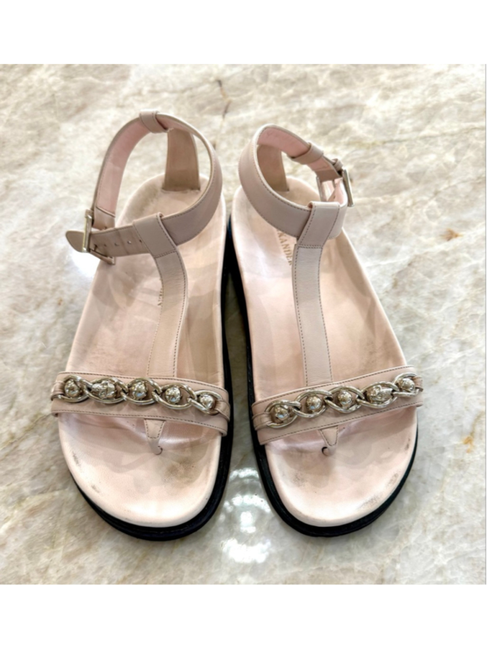 Alexander McQueen Sandals pink Silver beaded skull Size 8.5 T band ankle strap